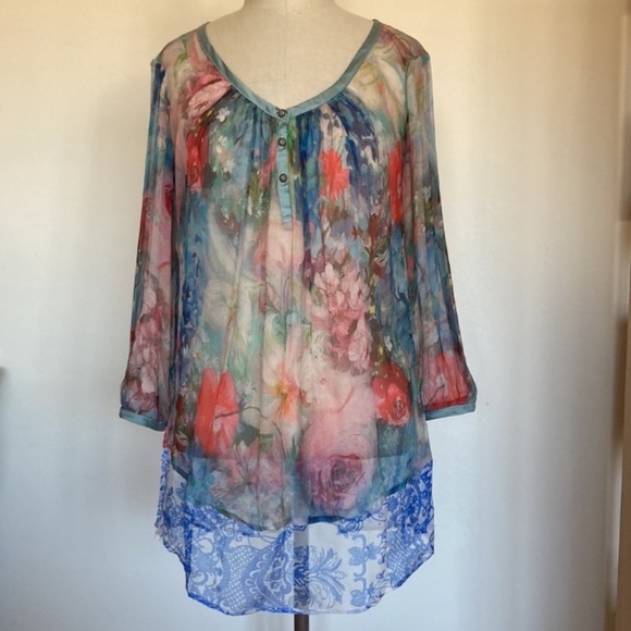 Dear John silk floral rose sheer printed peasant blouse bohemian M - Picture 1 of 13